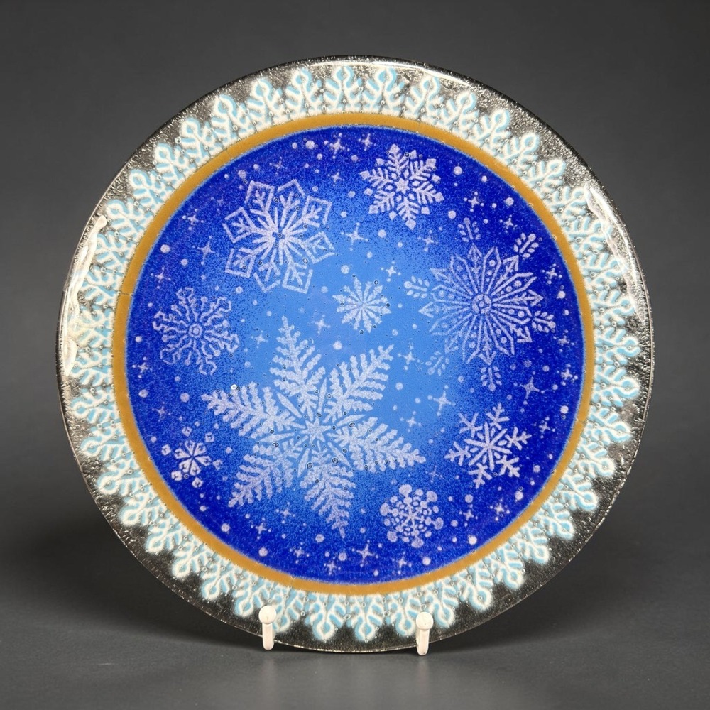 Peggy Karr Fused Glass Snowflake Charger Plate Dish Blue Gold Winter 11 Inch